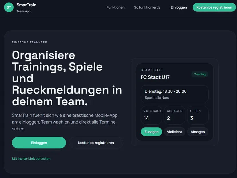 Startseite von smartain mit Trainingsübersicht und Teamstatus